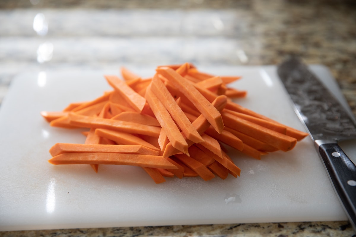cut sweet potato on cutting board