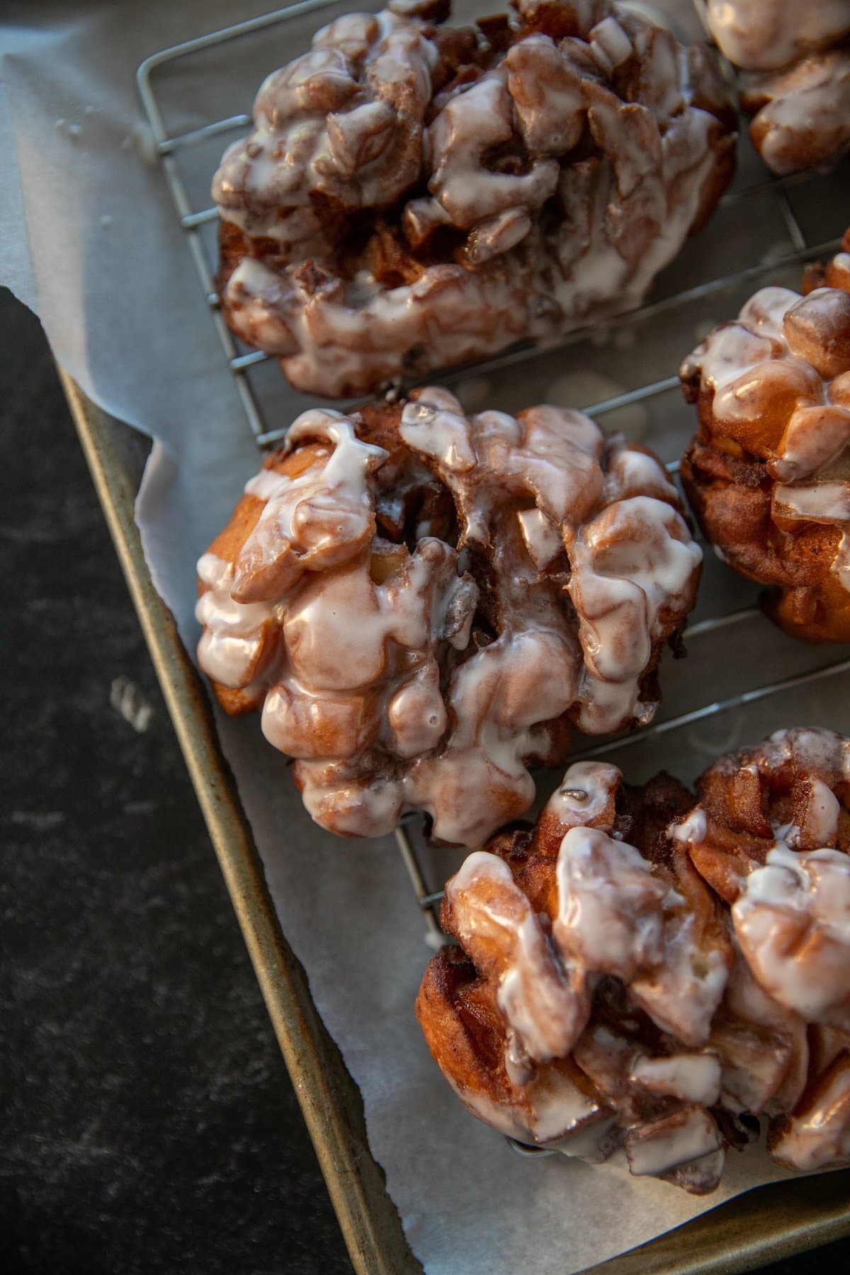 top down view of glazed apple fritters