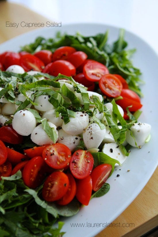 Caprese Salad in a white serving dish