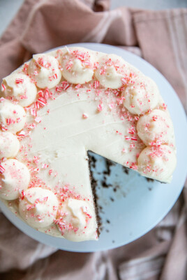 slice missing from chocolate candy cane cake