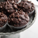 double chocolate muffins on cake stand