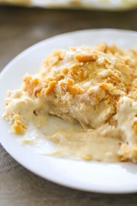 a serving of chicken ranch casserole on a white plate