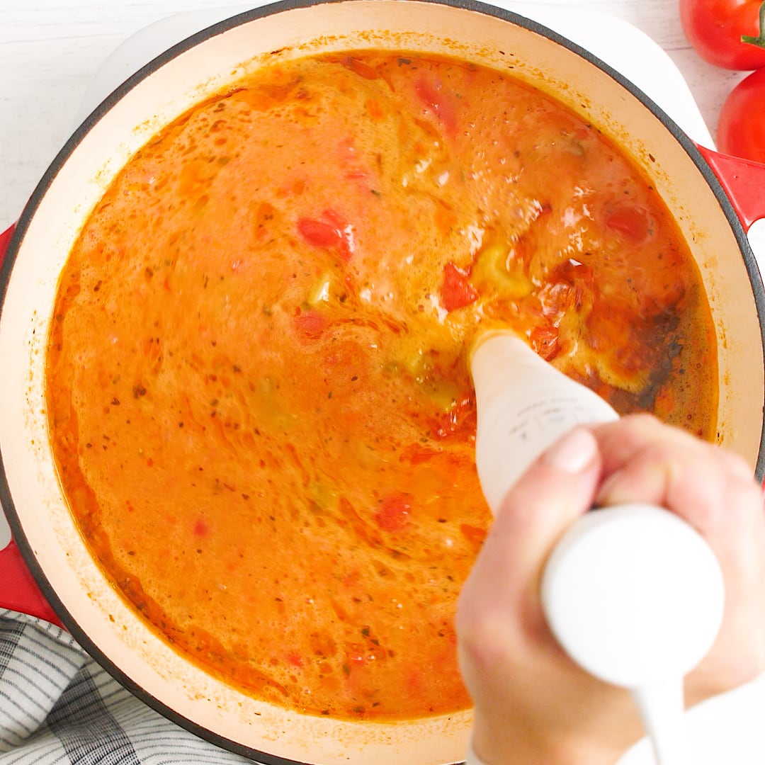 Tomato Bisque immersion blender in pot