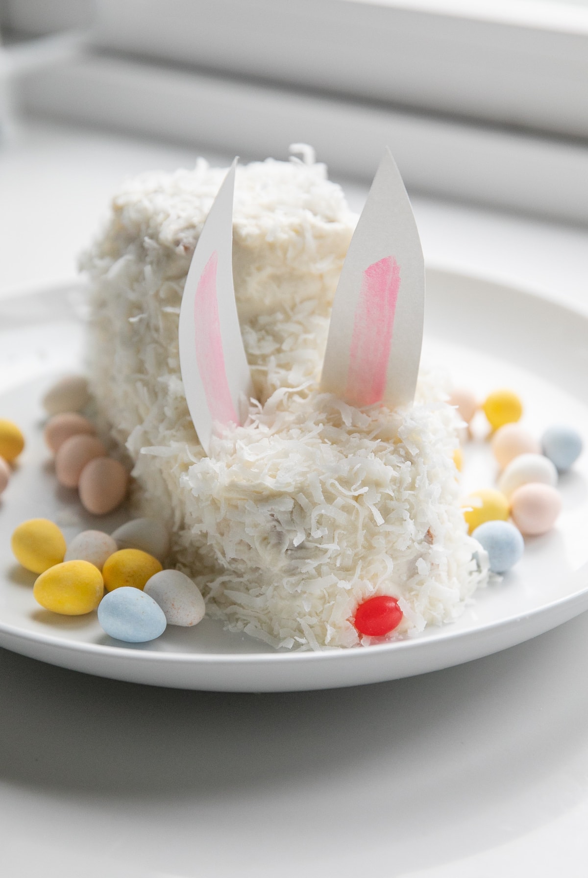 decorated easter bunny cake on a white plate