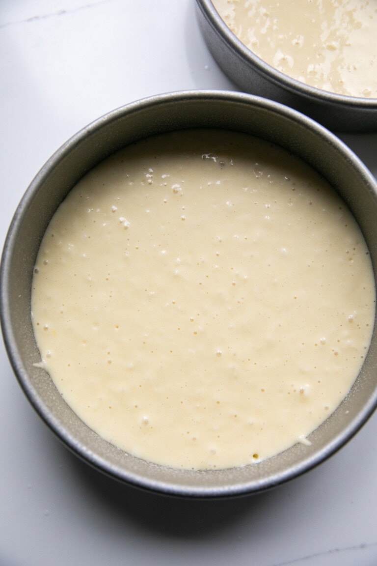 vanilla cake batter in a cake pan
