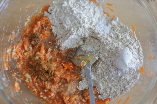 Dry ingredients to wet dough