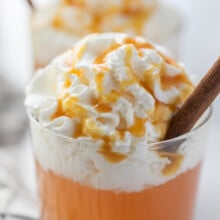 close up of apple cider in a glass topped with whipped cream and a cinnamon stick
