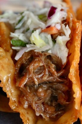Crispy Cheese Pulled Pork Tacos with Sesame Slaw