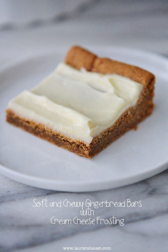 gingerbread bar with cream cheese frosting on a plate