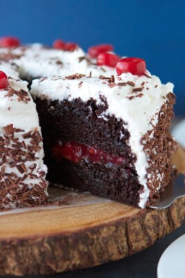 taking a slice of cake out of a black forest cake