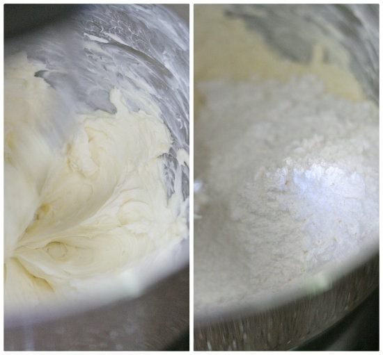 two images, mixing ingredients to create cream cheese frosting in a bowl