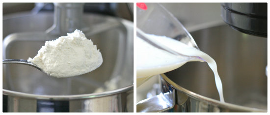 two images, one is adding dry ingredients the other is adding wet ingredients to a bowl