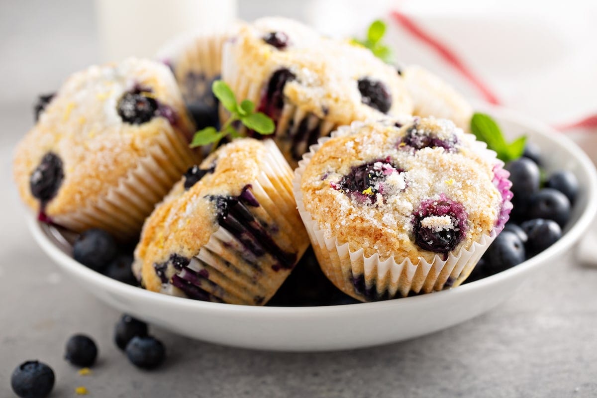 blueberry muffins in a white bowl