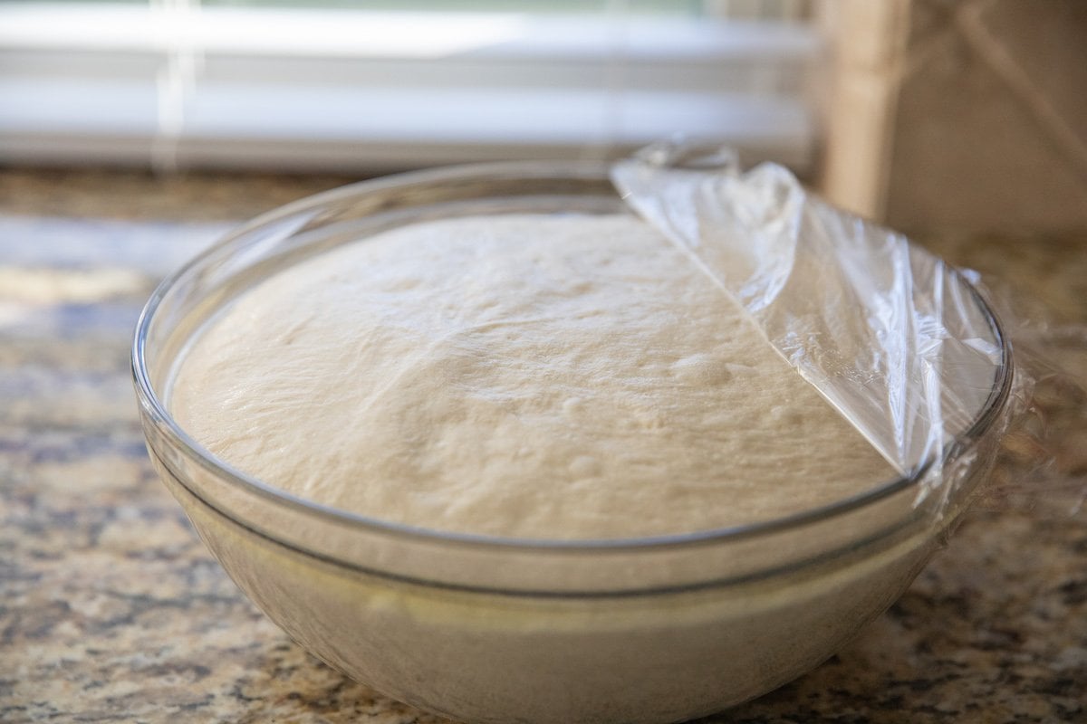risen pizza dough in bowl