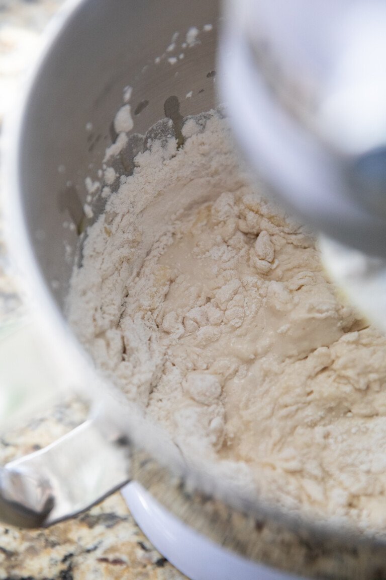 mixing pizza dough in stand mixer