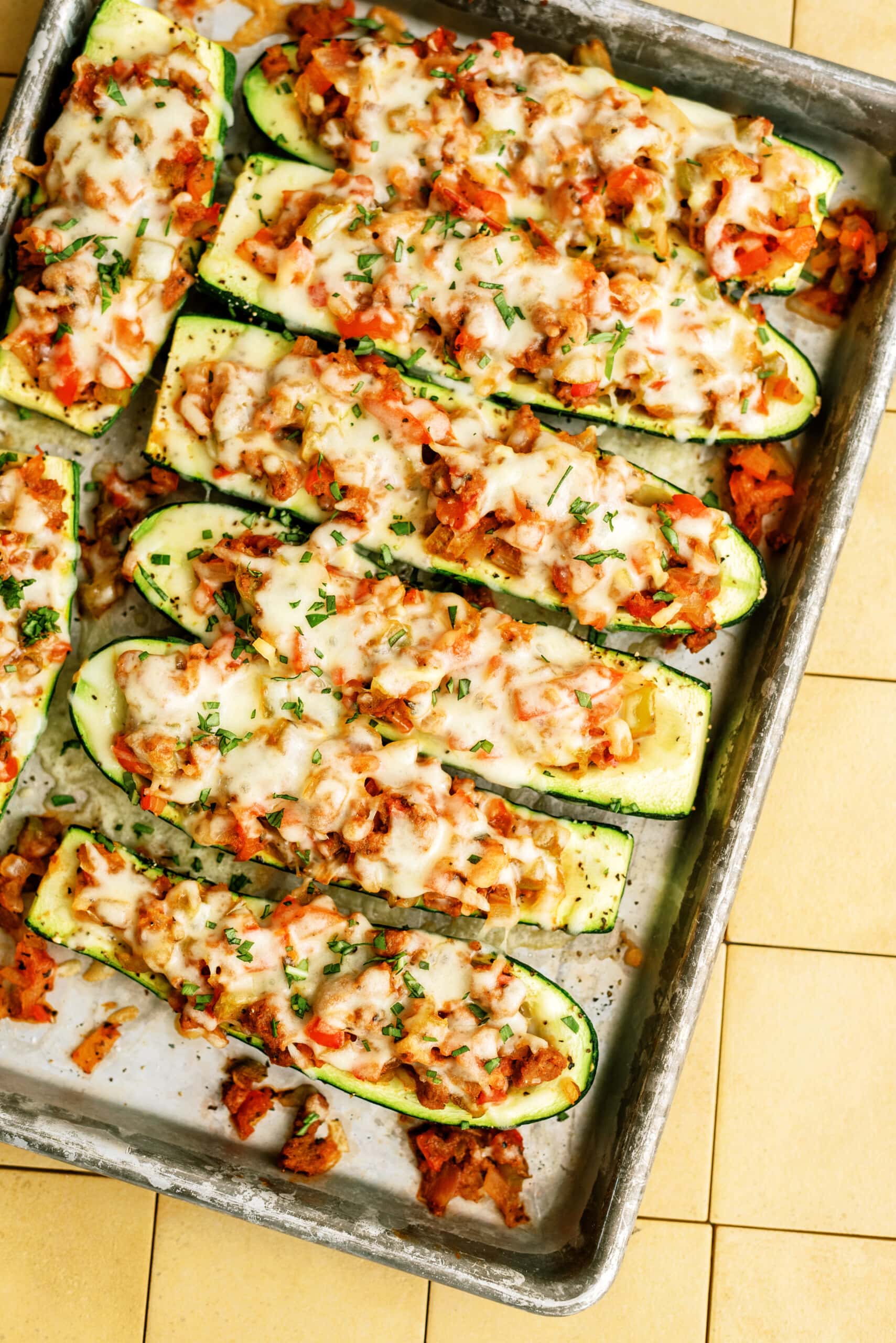 zucchini-boats on cookie sheet