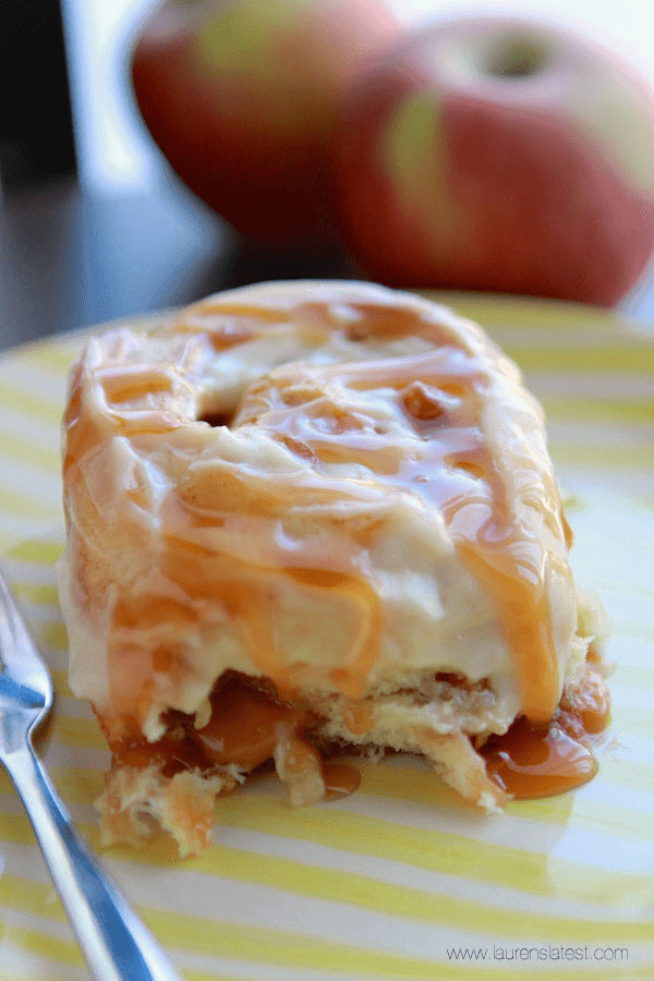 caramel apple cinnamon roll on a plate