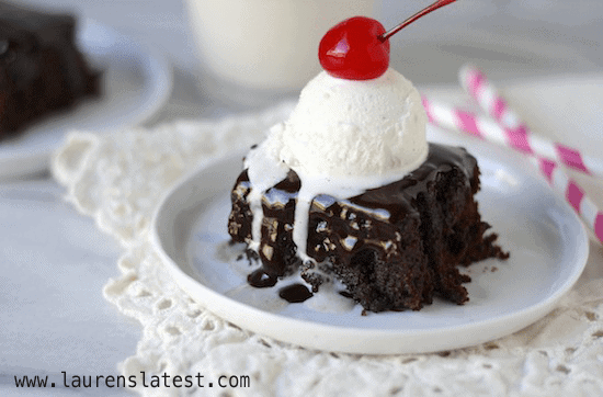 hot fudge brownie with ice cream on top